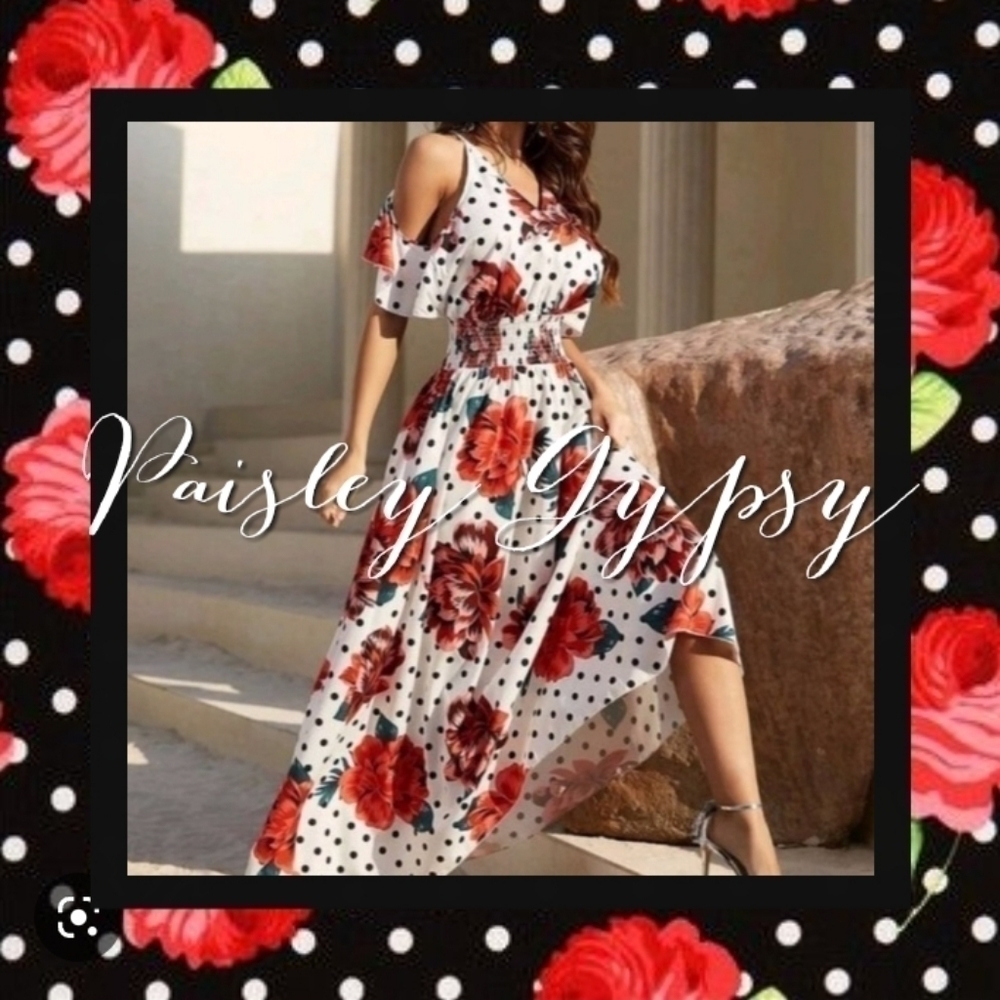 Multicolor Floral and Polka Dot Cold Shoulder Backless Bohemian Dress